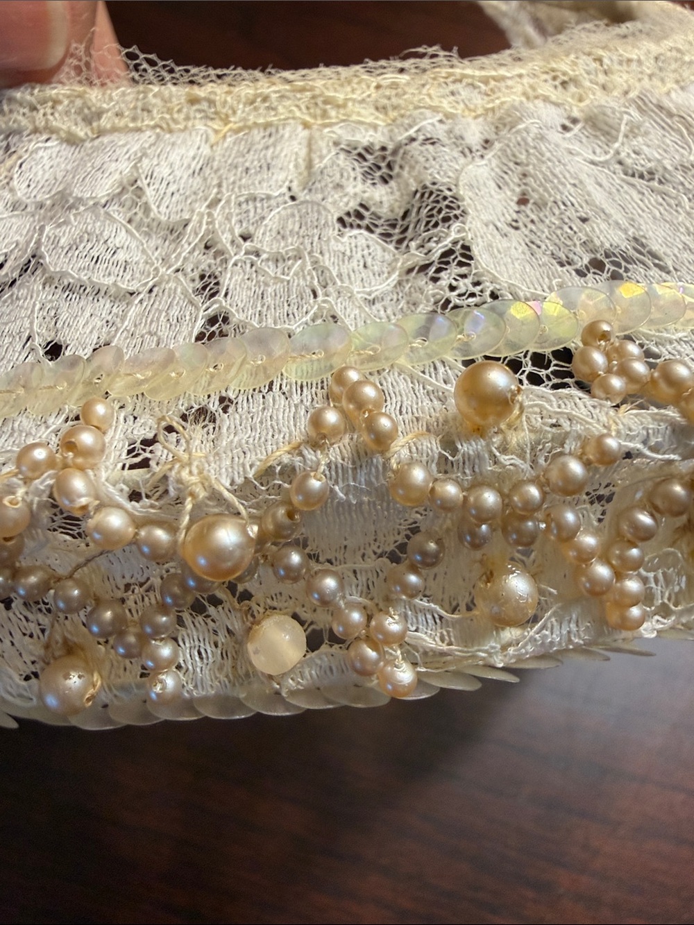 50’s Ivory Lace Bridal Headband with Faux Pearls & Sequins - Picture 11 of 13